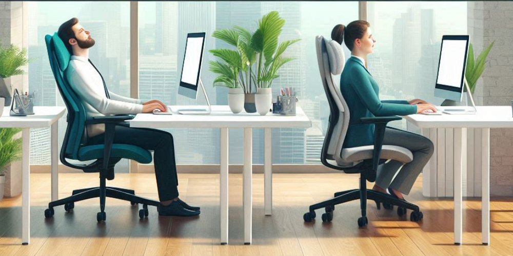 Ergonomía: Hombre y mujer en la oficina en sus escritorios.