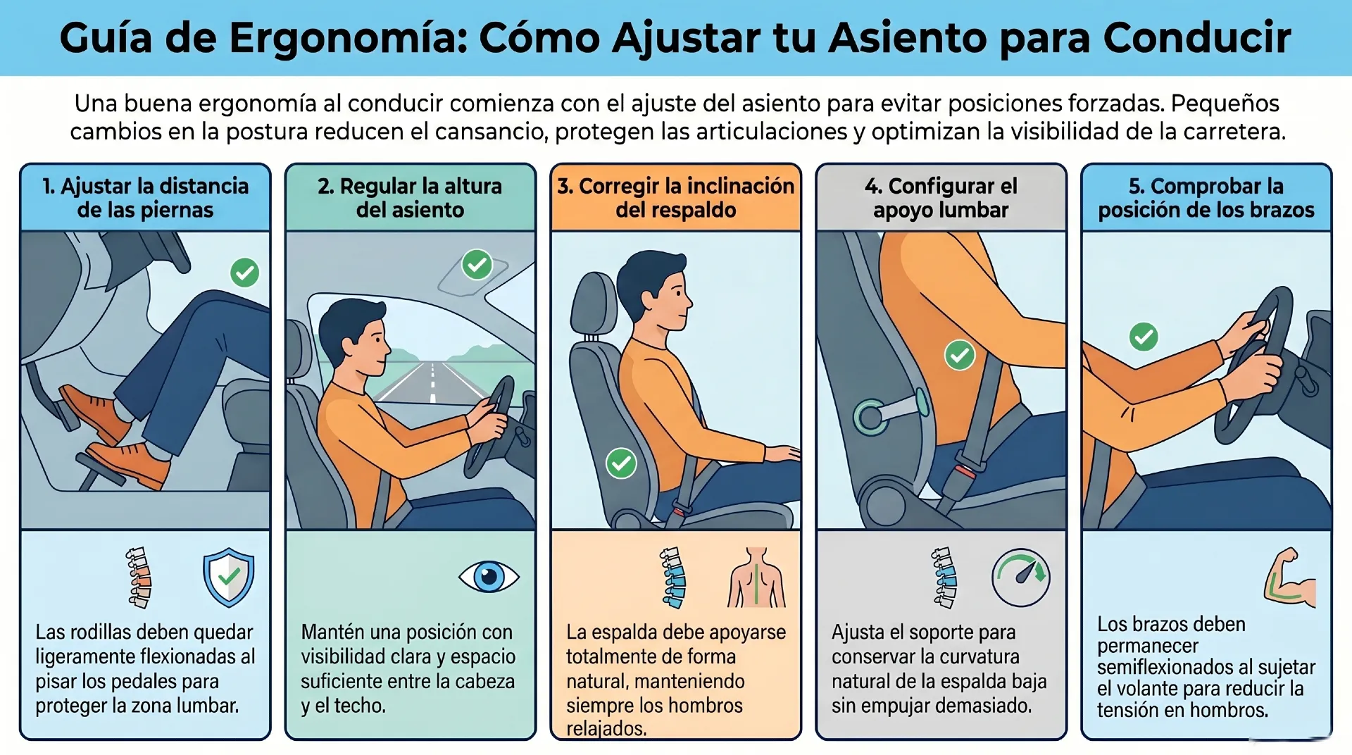 postura correcta para conducir - Cómo ajustar correctamente el asiento del coche