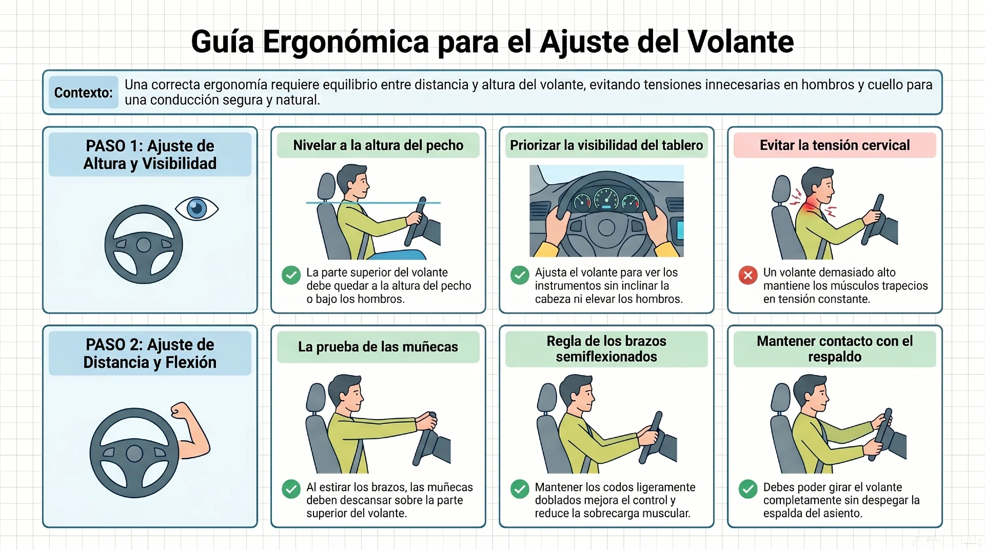 postura correcta para conducir - Cómo colocar el volante de forma ergonómica