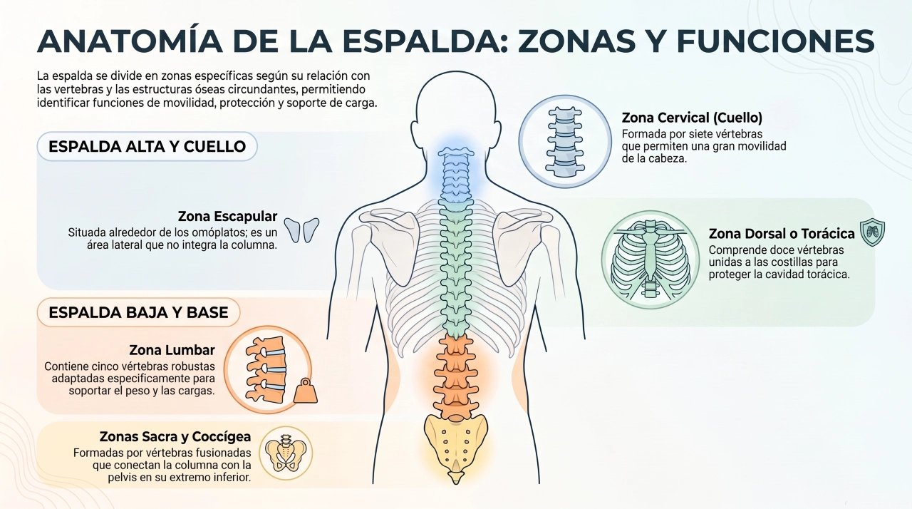 Zonas de la espalda alta y baja huesos de la espalda - Infografías
