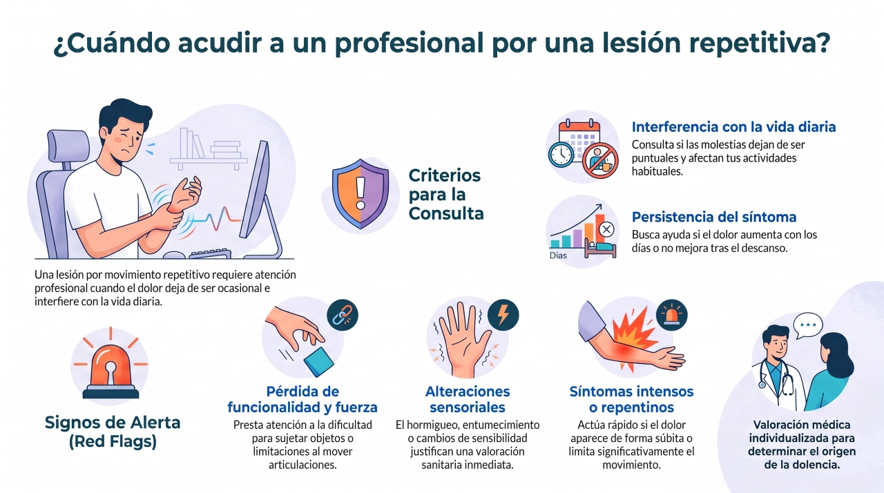 Cuándo consultar a un profesional - lesiones por movimientos repetitivos Infografías