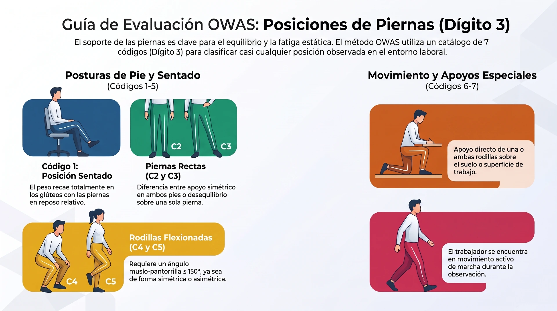 método OWAS Posición general de trabajo y piernas - Infografías